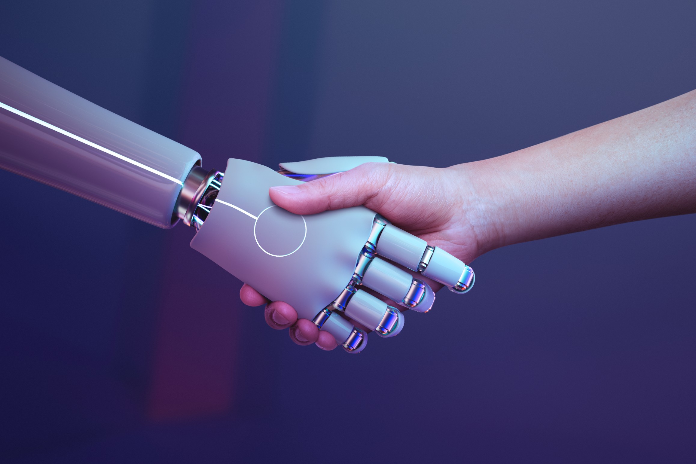 Robot shaking hands with human symbolizing AI-powered MBA consulting