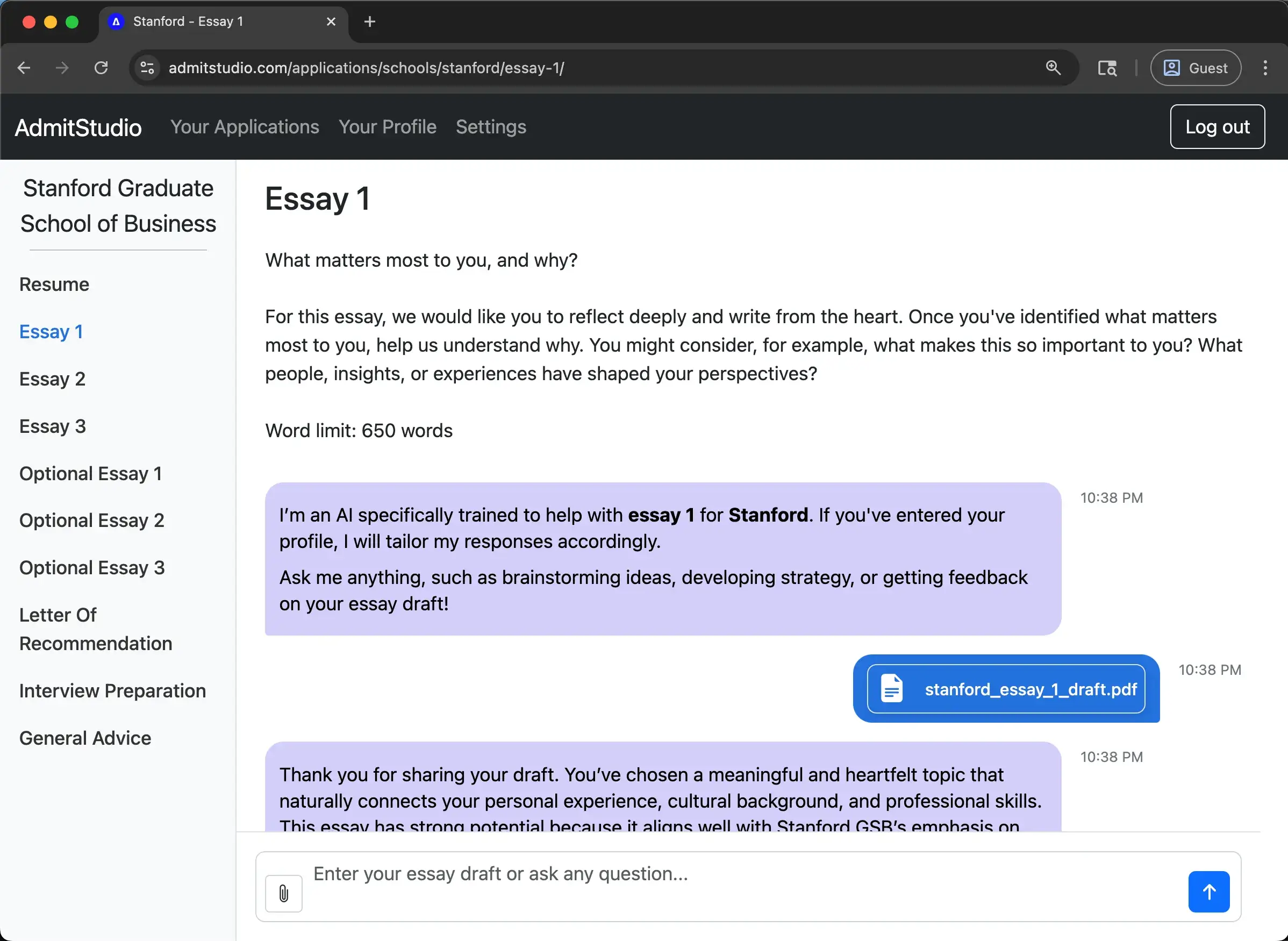 Screenshot of AdmitStudio AI essay support demo for Stanford MBA application